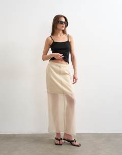 Organza column maxi skirt with contrast stitching in oyster