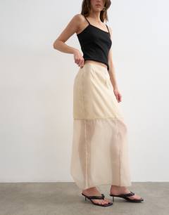 Model wearing Organza column maxi skirt with contrast stitching in oyster