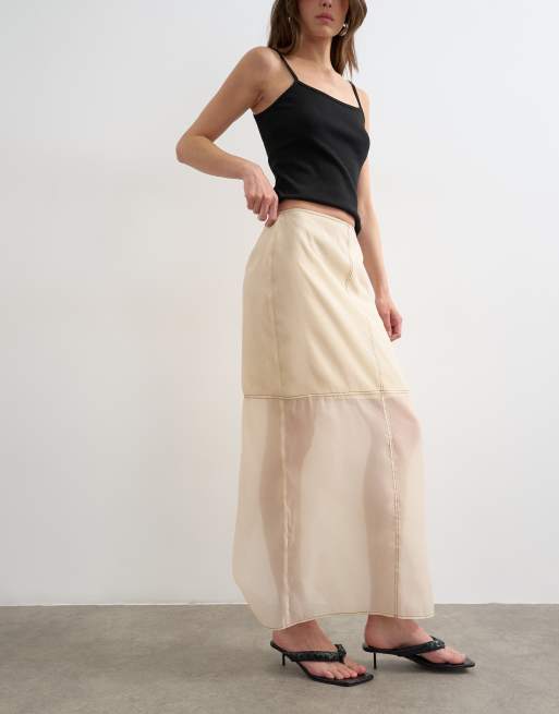 Topshop organza column maxi skirt with contrast stitching in oyster, 3 of 5