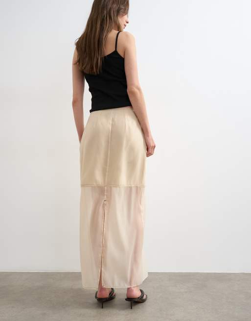 Topshop organza column maxi skirt with contrast stitching in oyster, 5 of 5