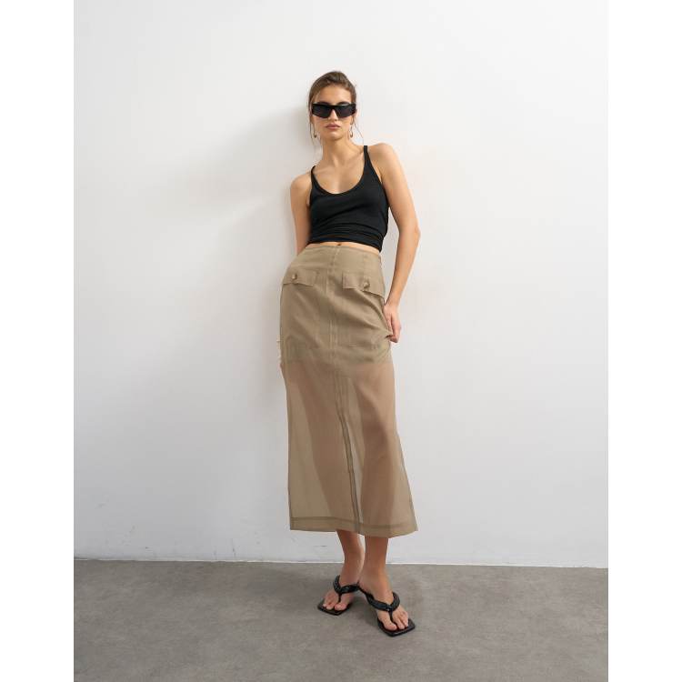 Topshop organza column maxi skirt with pockets in brown mink | ASOS