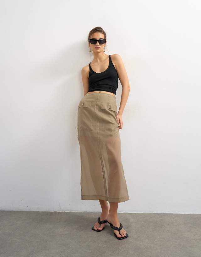 Topshop organza column maxi skirt with pockets in brown mink | ASOS