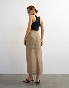 Model wearing Organza column maxi skirt with pockets in brown mink