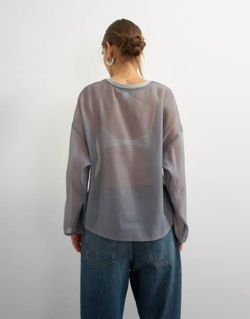 Topshop organza crew neck oversized top in gray, 3 of 4