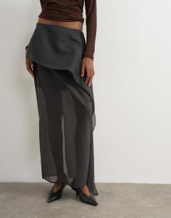 Model wearing Organza drape detail maxi skirt in black