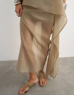 Model wearing Organza drape detail midi skirt in mink