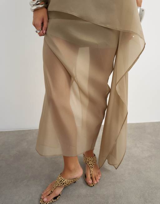 Topshop organza drape detail midi skirt in mink, 3 of 5