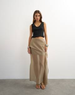 Model wearing Organza drape detail midi skirt in mink