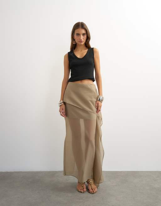 Topshop organza drape detail midi skirt in mink, 4 of 5