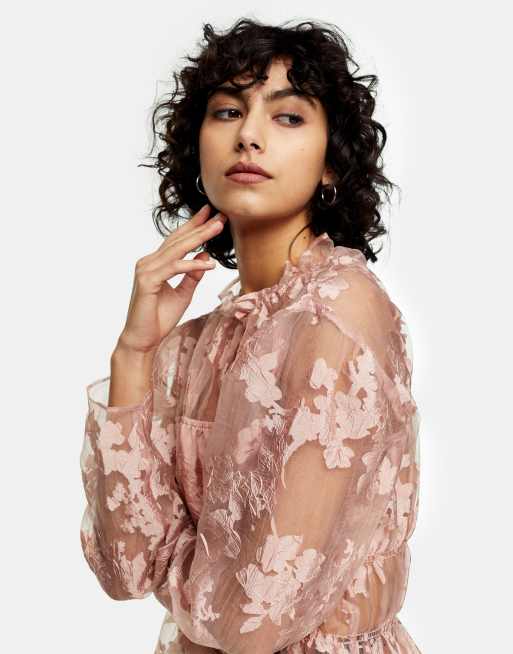 Topshop organza floral blouse in pink, 3 of 4