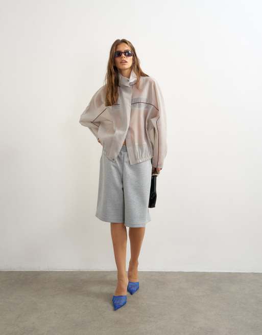 Topshop organza funnel neck bomber with contrast binding in grey, 4 of 4