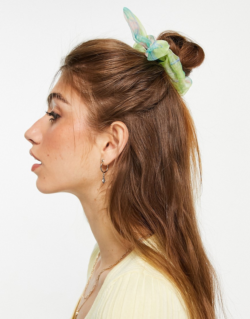 Topshop Organza Hair Scrunchie In Green Check With Tie