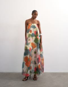Organza layered bandeau maxi dress in blurred floral print
