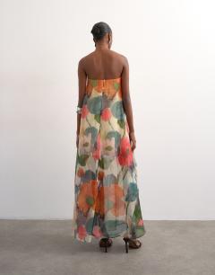 Model wearing Organza layered bandeau maxi dress in blurred floral print