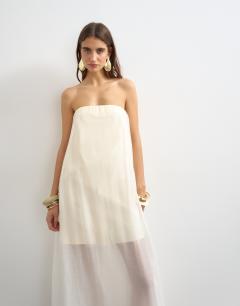 Model wearing Organza layered bandeau maxi dress in buttermilk