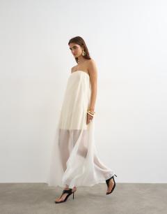 Model wearing Organza layered bandeau maxi dress in buttermilk