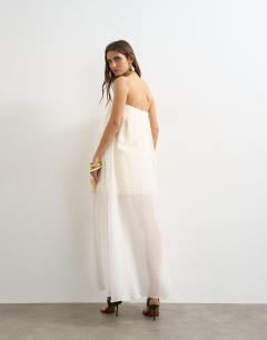 Model wearing Organza layered bandeau maxi dress in buttermilk