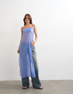 Model wearing Organza longline cami in blue with contrast orange tipping