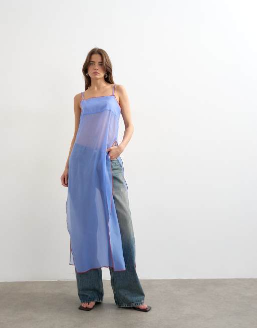 Topshop organza longline cami in blue with contrast orange tipping, 3 of 4