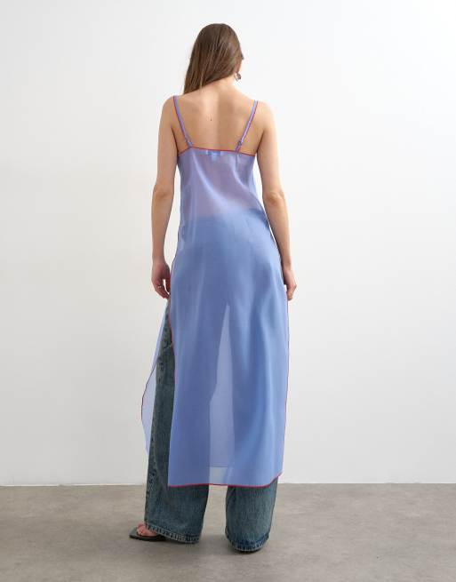 Topshop organza longline cami in blue with contrast orange tipping, 4 of 4