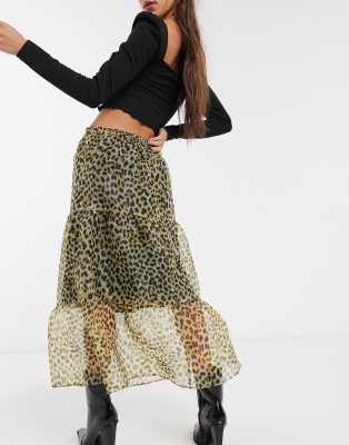 animal print tiered chiffon midi skirt