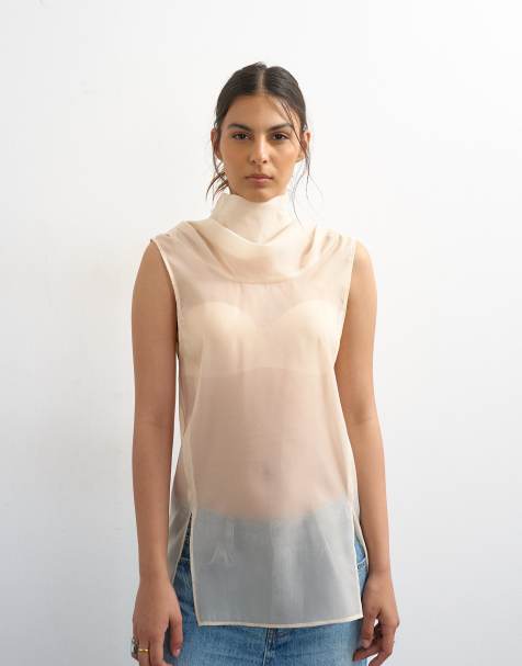 Topshop – Organza-Oberteil in Austernweiß mit gefaltetem Stehkragen - view 1