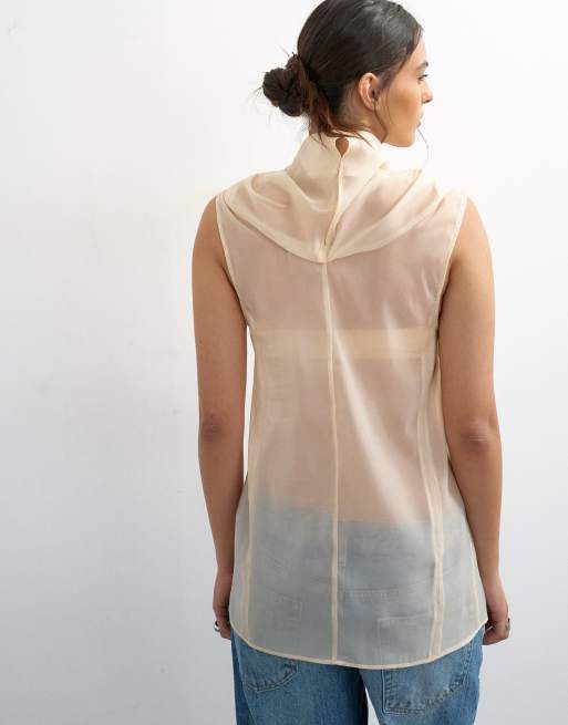Topshop – Organza-Oberteil in Austernweiß mit gefaltetem Stehkragen, 4 von 4