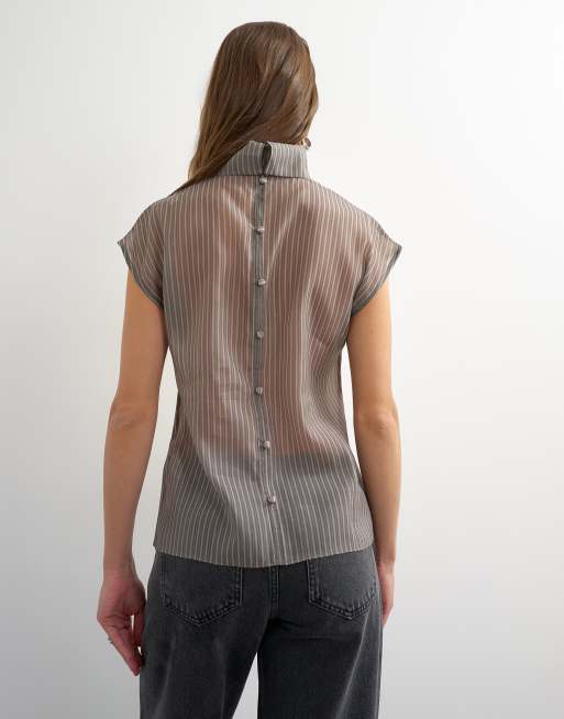 Topshop organza pinstripe high neck top in gray, 4 of 4