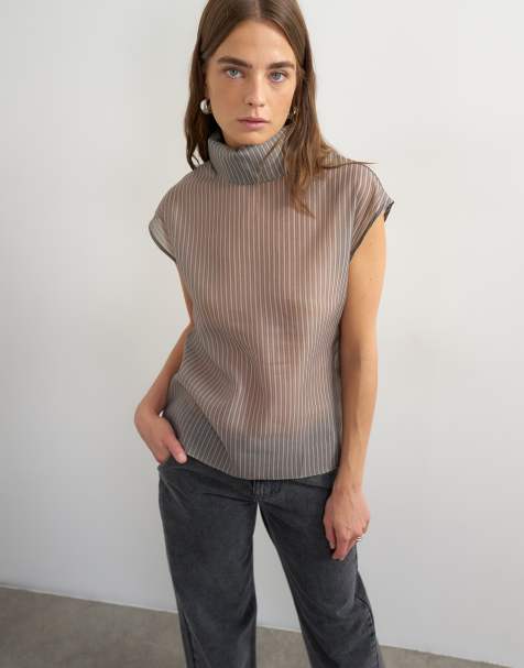 Topshop organza pinstripe high neck top in grey - view 1