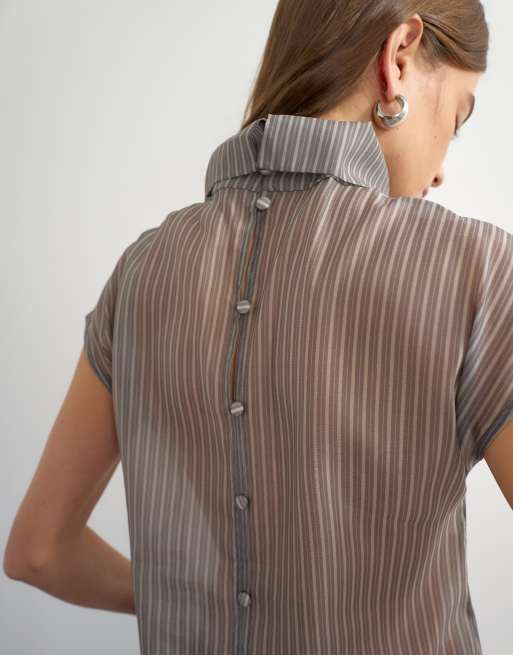 Topshop organza pinstripe high neck top in grey, 2 of 4