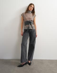 Model wearing Organza pinstripe high neck top in grey