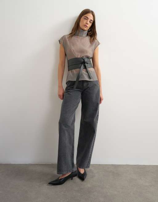 Topshop organza pinstripe high neck top in grey, 3 of 4