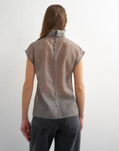 Model wearing Organza pinstripe high neck top in grey