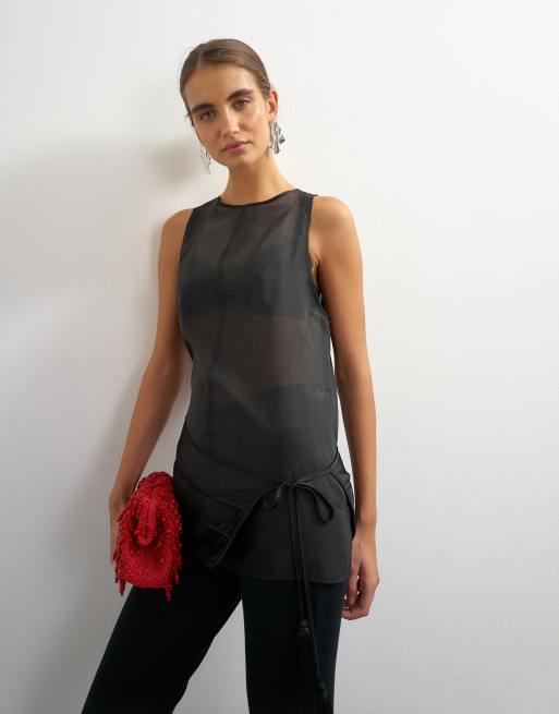 Topshop organza-satintopp med skärp i svart, 2 av 4