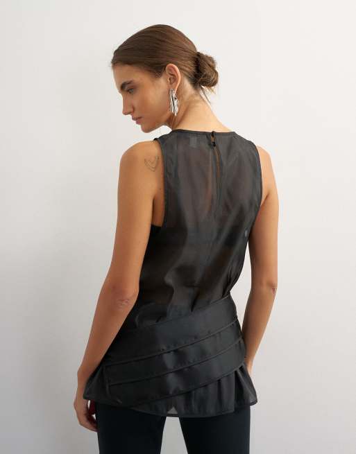 Topshop organza-satintopp med skärp i svart, 4 av 4