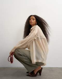 Model wearing Organza shirt in oyster