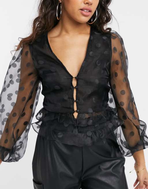 Topshop organza sleeve blouse in black polka dot