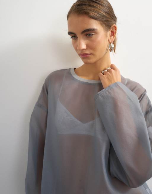 Topshop organza top med rund hals og oversized pasform i grå, 1 af 4