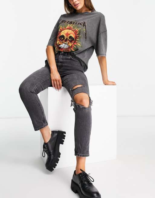 Topshop Original high waisted Mom jean with knee rip in washed black  