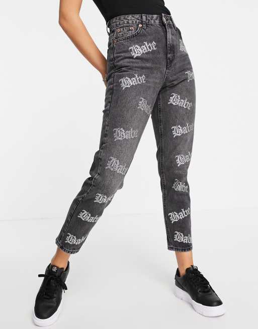 Topshop - Original - Jean mom ornementé à taille basse - Noir délavé