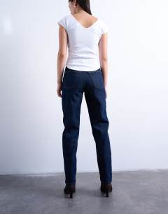 Model wearing Original Mom high rise jean in indigo rinse