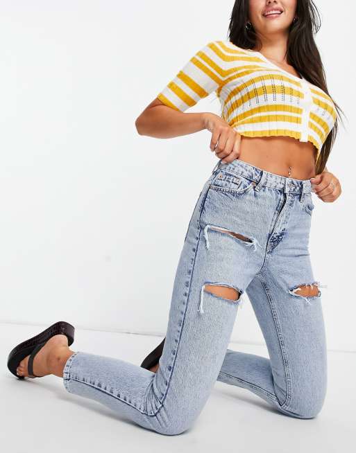 Topshop – Original – Mom-Jeans in starker Bleichwaschung mit Rissen