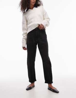 Topshop - Original - Mom-Jeans in verwaschenem Schwarz mit hohem Bund