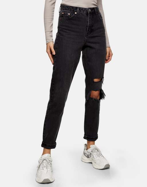 Topshop – Original – Mom-Jeans in verwaschenem Schwarz mit Rissen