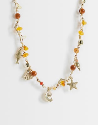 Topshop Orla Bead Necklace With Gold Charms In Multi