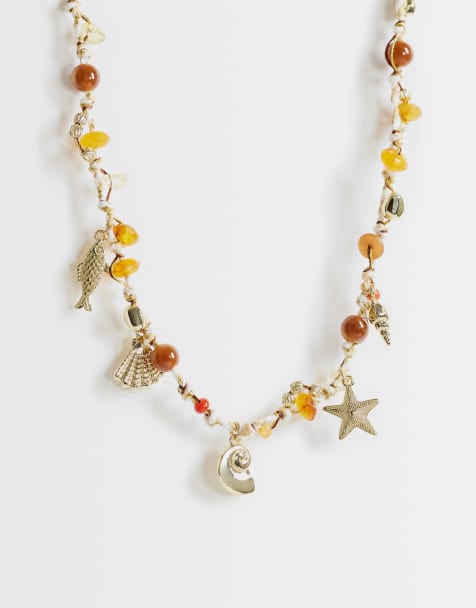 Topshop Orla kralenketting met gouden hangertjes in oranje multikleur - view 1
