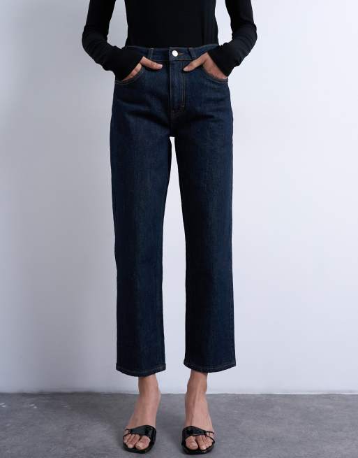 Topshop - Orson - Comfortabele rechte jeans met halfhoge taille in indigo met spoeling