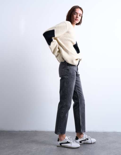 Topshop - Orson - Comfortabele rechte jeans met halfhoge taille in zwart met wassing