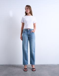 Model wearing Orson mid rise comfort straight jean in bleach