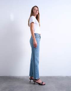 Model wearing Orson mid rise comfort straight jean in bleach